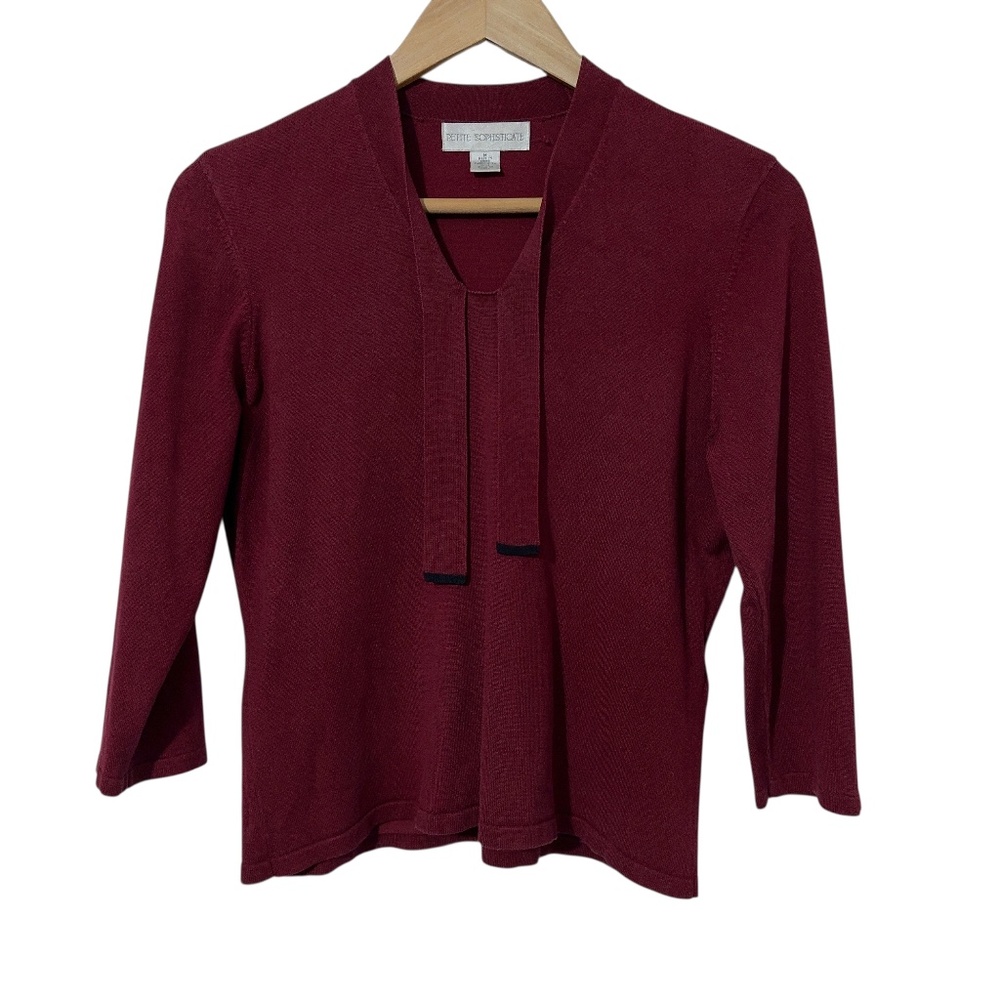 Petite Sophisticate Silk Blend Knit Top Tie Bow at Neck Office Work Womens PM